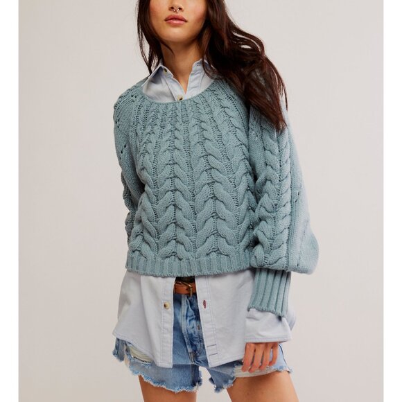 NWT FREE PEOPLE Sandre Pullover / Ancient Turquoise SZ: L - Picture 1 of 9